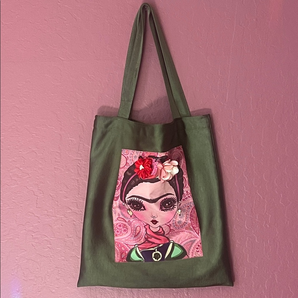 Satin Handmade Green Tote Bag with Artistic Print